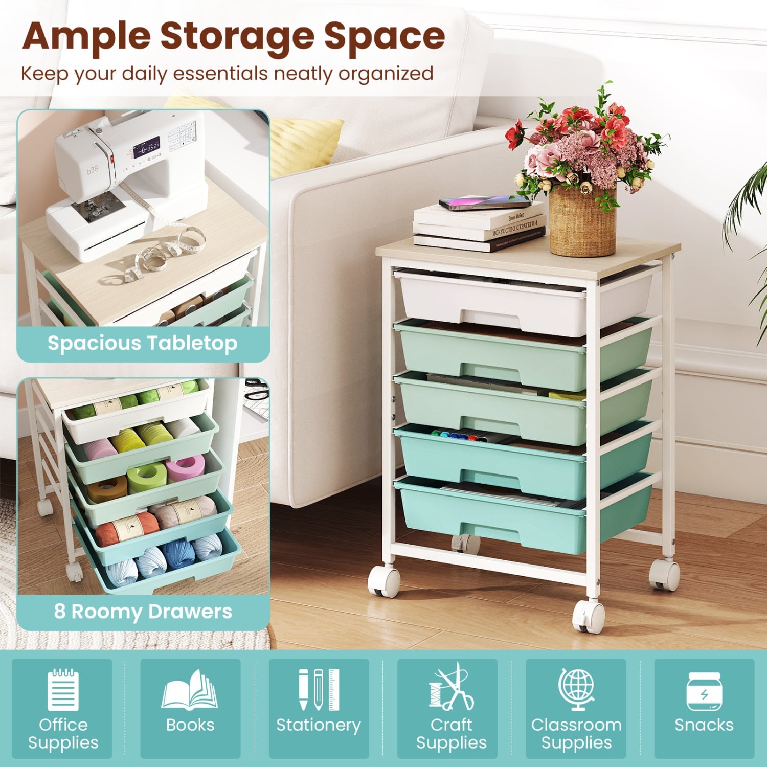 5-Drawer Rolling Cart, Wooden Tabletop, Metal Frame, Green Gradient File Cabinets at Gallery Canada