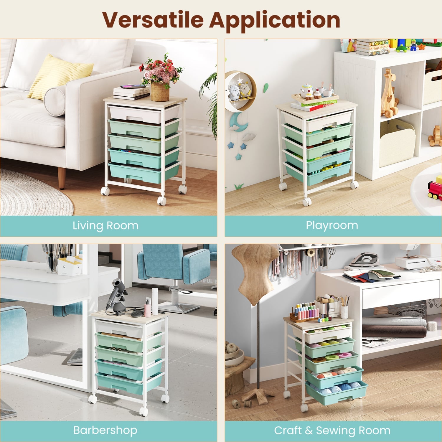 5-Drawer Rolling Cart, Wooden Tabletop, Metal Frame, Green Gradient File Cabinets at Gallery Canada