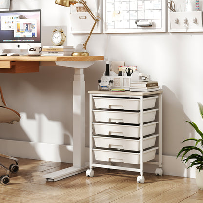 5-Drawer Rolling Cart, Wooden Tabletop, Metal Frame, White