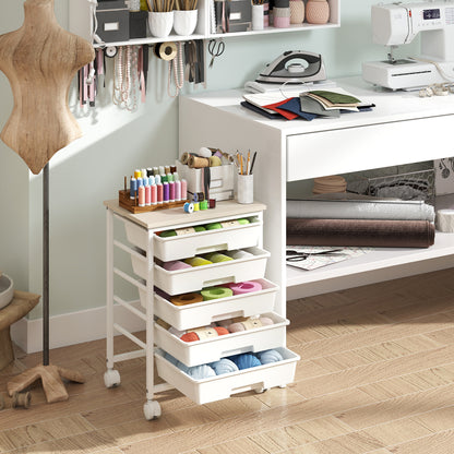 5-Drawer Rolling Cart, Wooden Tabletop, Metal Frame, White