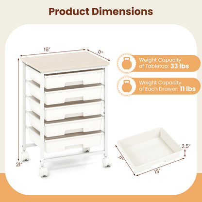 5-Drawer Rolling Cart, Wooden Tabletop, Metal Frame, White
