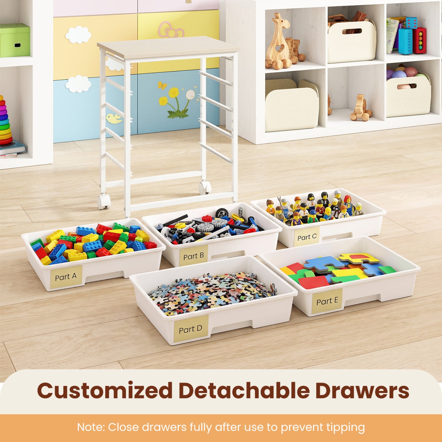 5-Drawer Rolling Cart, Wooden Tabletop, Metal Frame, White