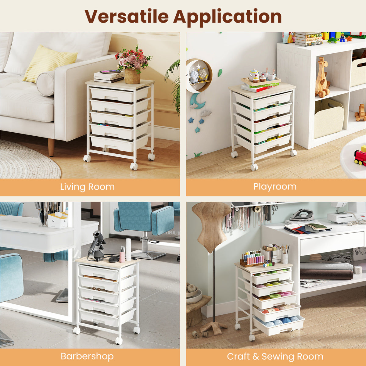 5-Drawer Rolling Cart, Wooden Tabletop, Metal Frame, White