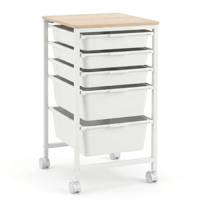 5-Drawer Rolling Storage Cart Mobile Utility Organizer with Wooden Tabletop and Lockable Wheels, White File Cabinets at Gallery Canada