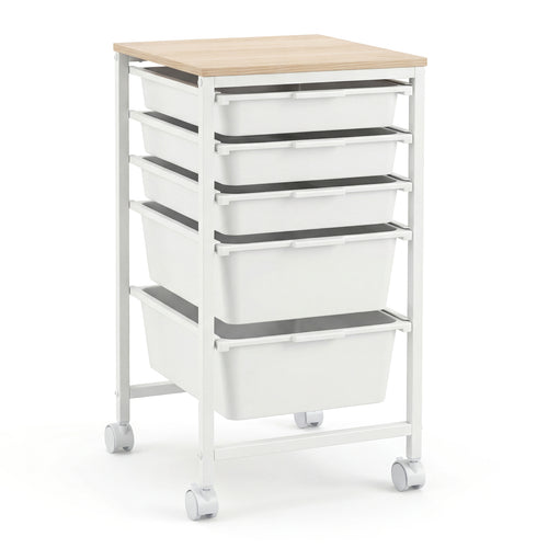 5-Drawer Rolling Storage Cart Mobile Utility Organizer with Wooden Tabletop and Lockable Wheels, White