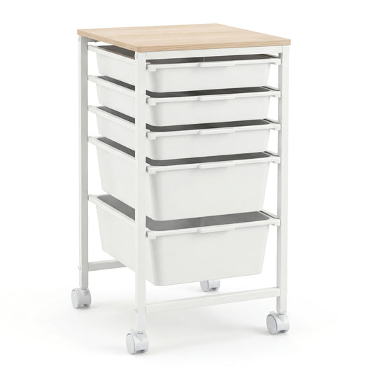 5-Drawer Rolling Storage Cart Mobile Utility Organizer with Wooden Tabletop and Lockable Wheels, White File Cabinets White at Gallery Canada