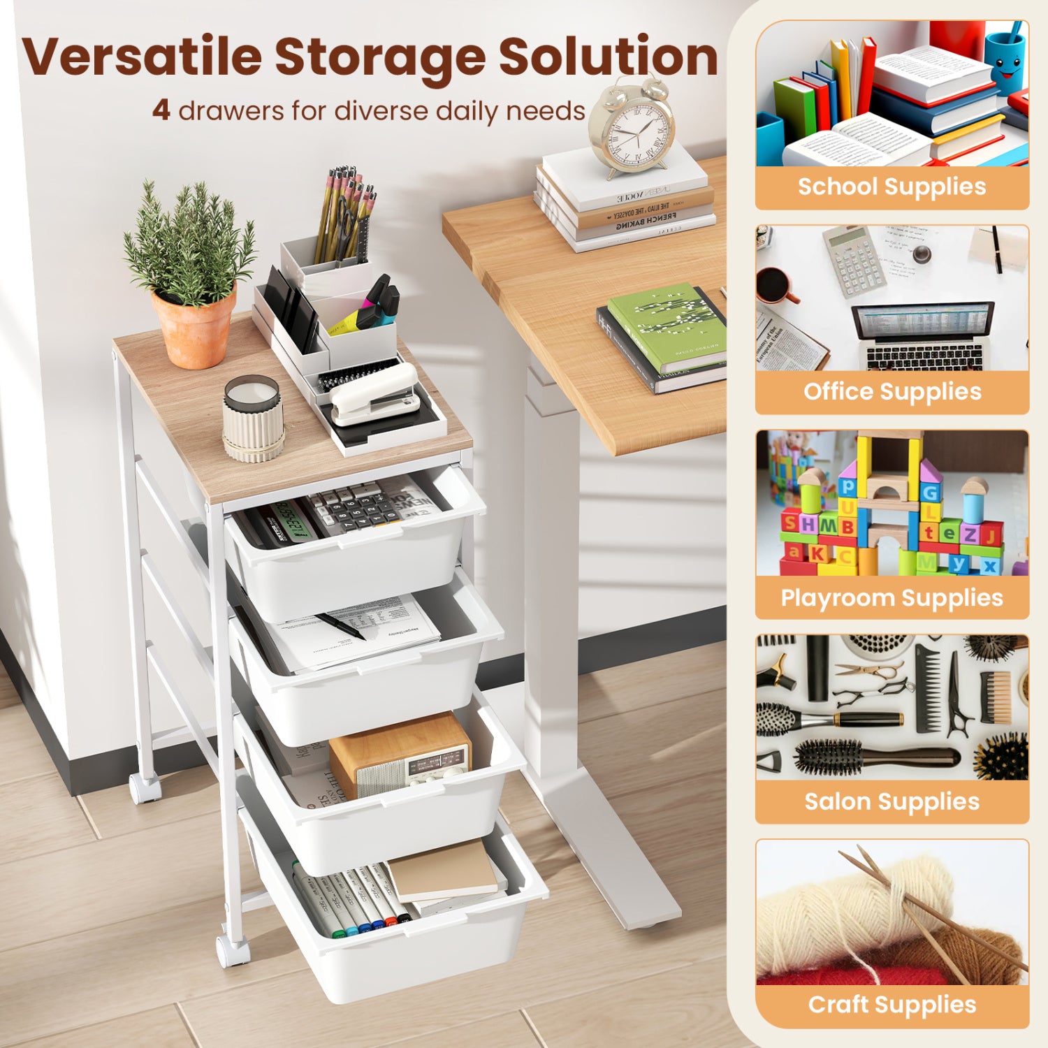 5-Drawer Rolling Storage Cart Mobile Utility Organizer with Wooden Tabletop and Lockable Wheels, White File Cabinets at Gallery Canada