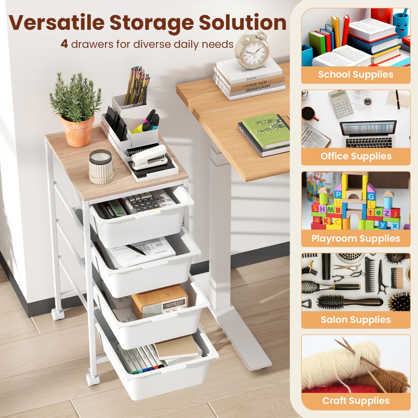 5-Drawer Rolling Storage Cart Mobile Utility Organizer with Wooden Tabletop and Lockable Wheels, White File Cabinets at Gallery Canada