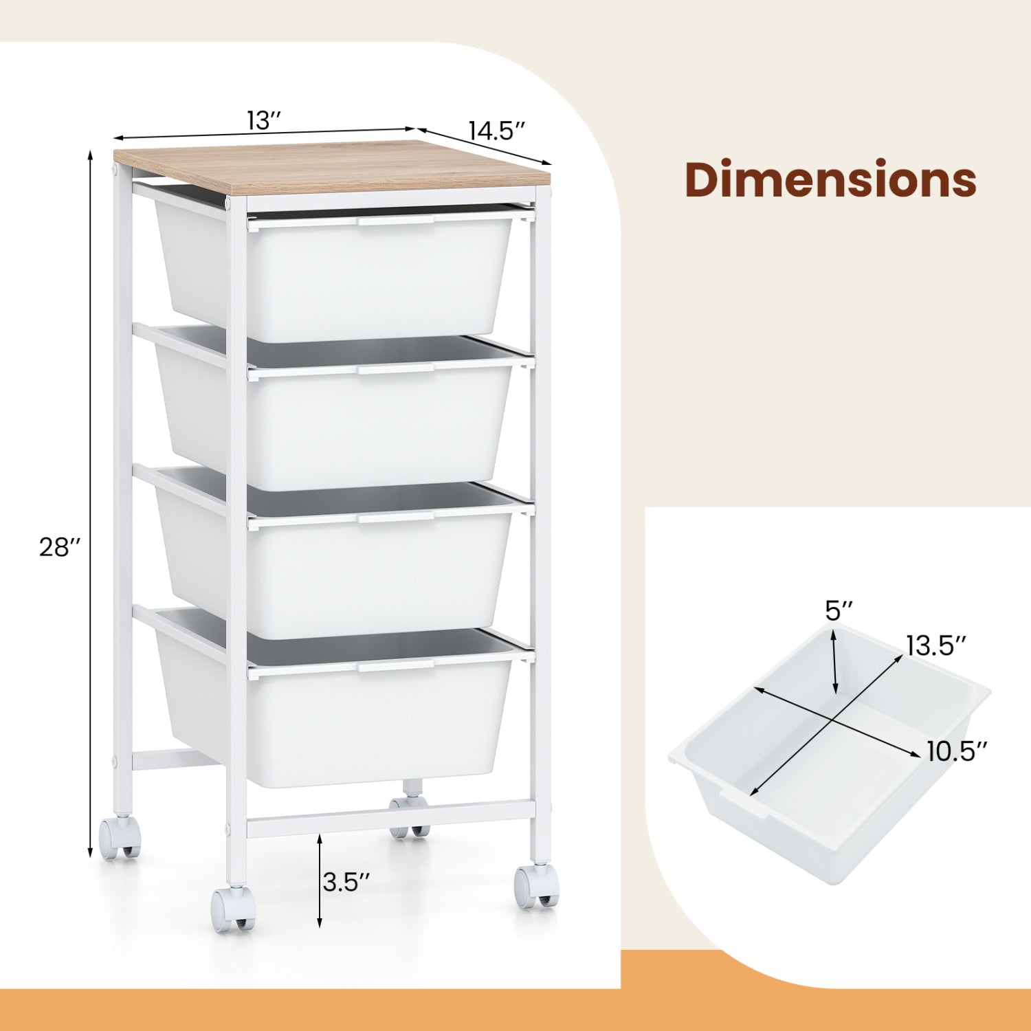 5-Drawer Rolling Storage Cart Mobile Utility Organizer with Wooden Tabletop and Lockable Wheels, White File Cabinets at Gallery Canada