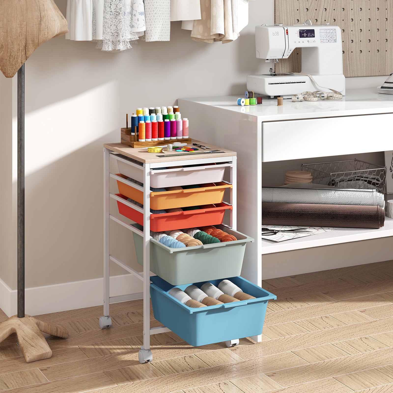 5-Drawer Rolling Storage Cart, Mobile Organizer, Wooden Tabletop, Lockable Wheels, Macaron File Cabinets at Gallery Canada