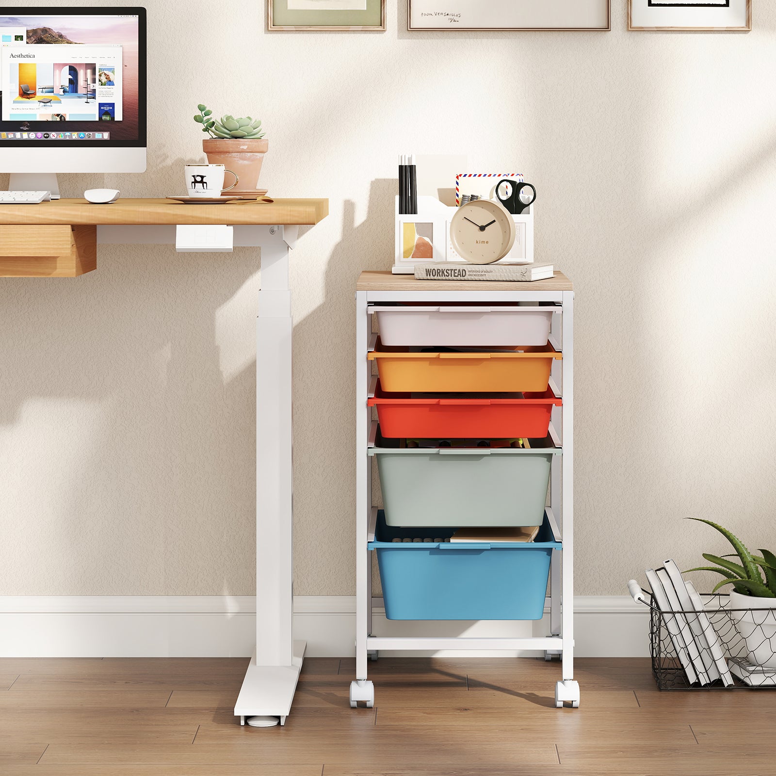 5-Drawer Rolling Storage Cart, Mobile Organizer, Wooden Tabletop, Lockable Wheels, Macaron File Cabinets at Gallery Canada