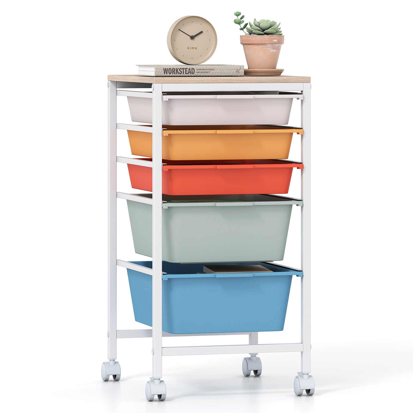 5-Drawer Rolling Storage Cart, Mobile Organizer, Wooden Tabletop, Lockable Wheels, Macaron File Cabinets Macaron at Gallery Canada