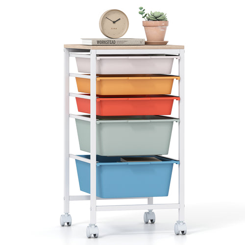 5-Drawer Rolling Storage Cart, Mobile Organizer, Wooden Tabletop, Lockable Wheels, Macaron