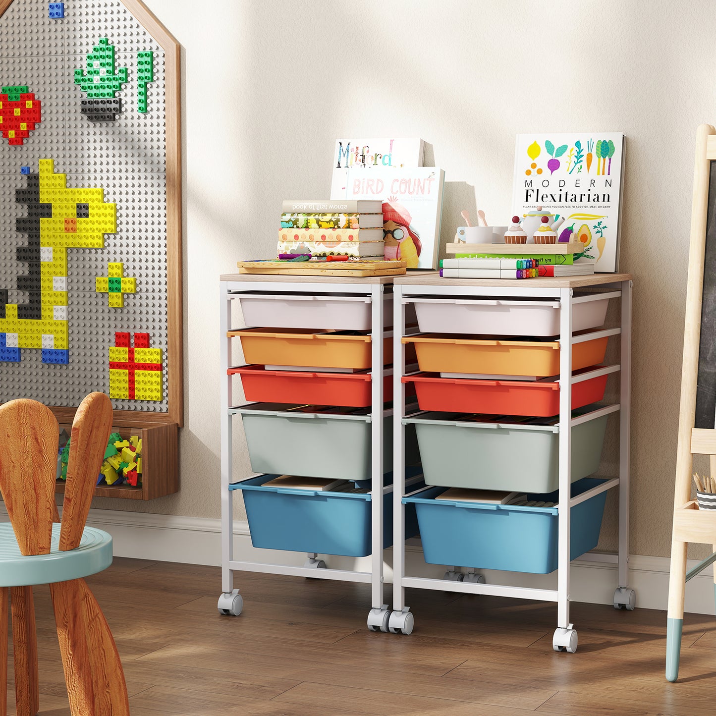 5-Drawer Rolling Storage Cart, Mobile Organizer, Wooden Tabletop, Lockable Wheels, Macaron File Cabinets at Gallery Canada