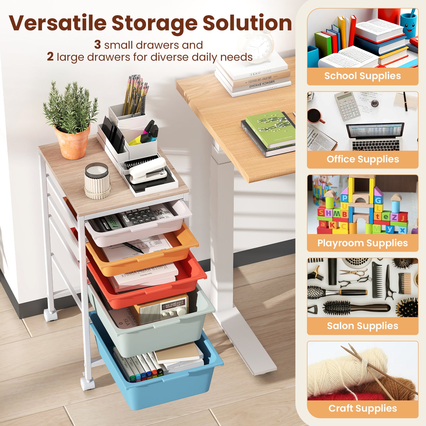 5-Drawer Rolling Storage Cart, Mobile Organizer, Wooden Tabletop, Lockable Wheels, Macaron File Cabinets at Gallery Canada