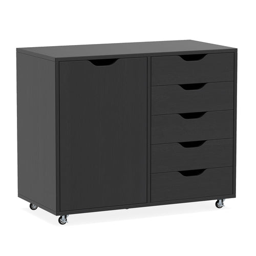 5-Drawer Rolling Storage Cart With Side Cabinet, Black