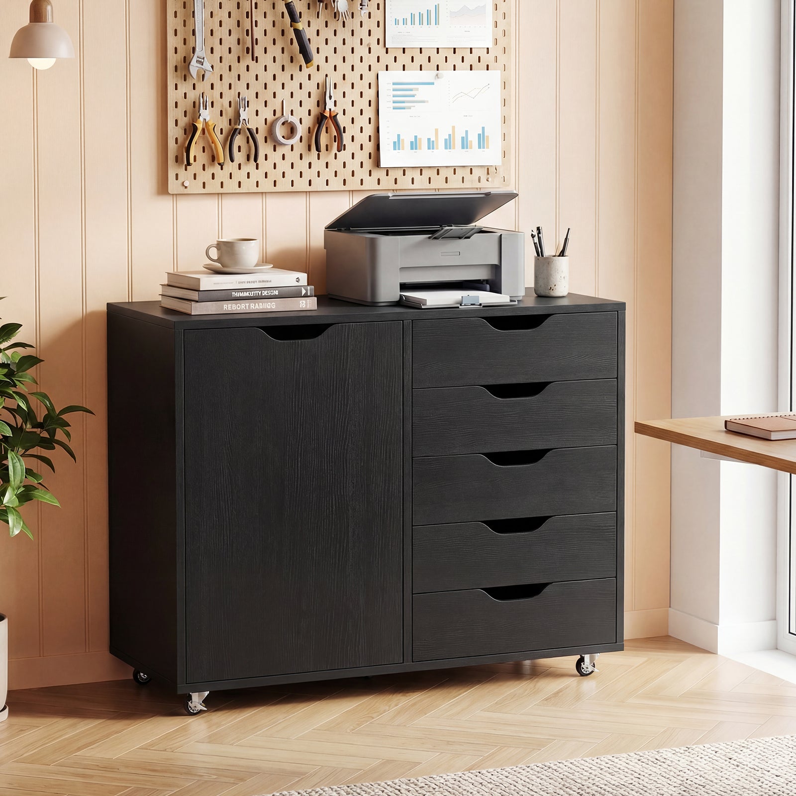 5-Drawer Rolling Storage Cart With Side Cabinet, Black File Cabinets at Gallery Canada