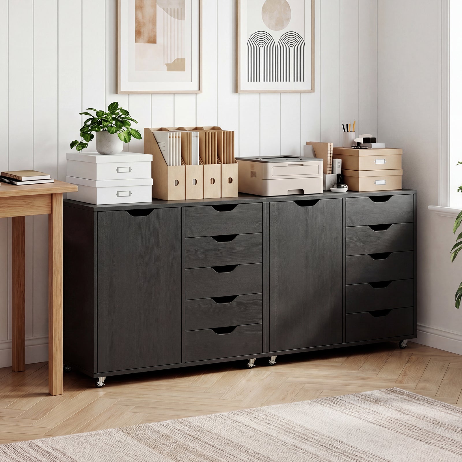 5-Drawer Rolling Storage Cart With Side Cabinet, Black File Cabinets at Gallery Canada