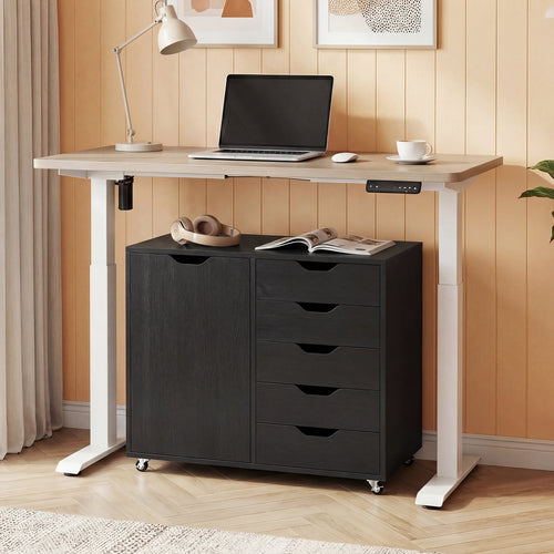 5-Drawer Rolling Storage Cart With Side Cabinet, Black