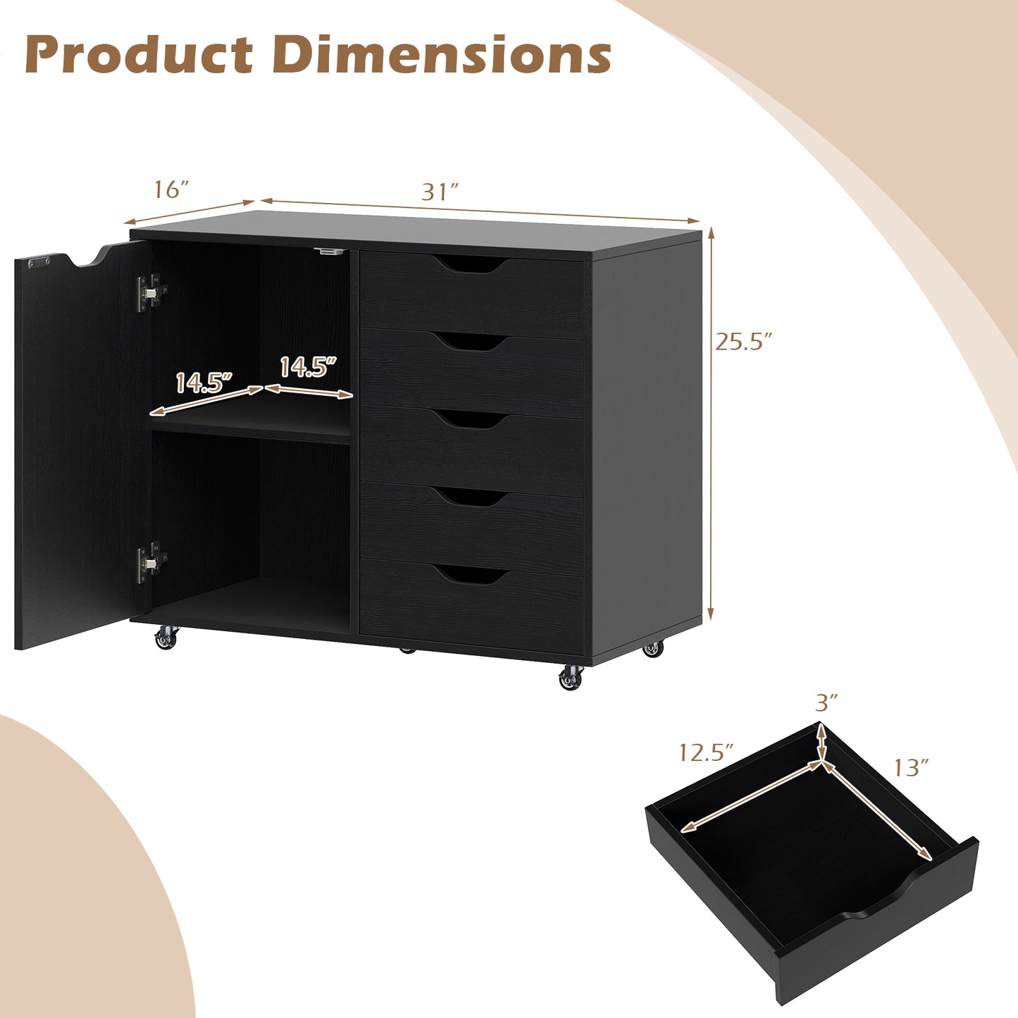 5-Drawer Rolling Storage Cart With Side Cabinet, Black File Cabinets at Gallery Canada