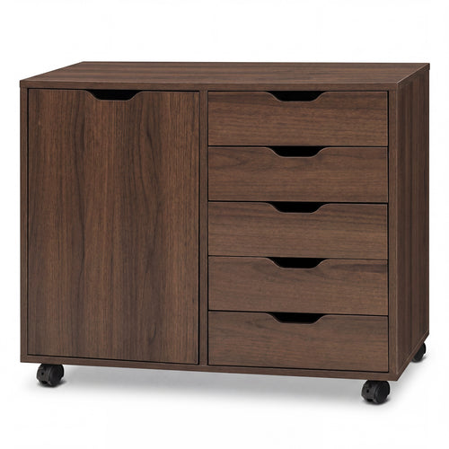 5 Drawer Storage Cabinet on Wheels, Adjustable Shelf, Brown
