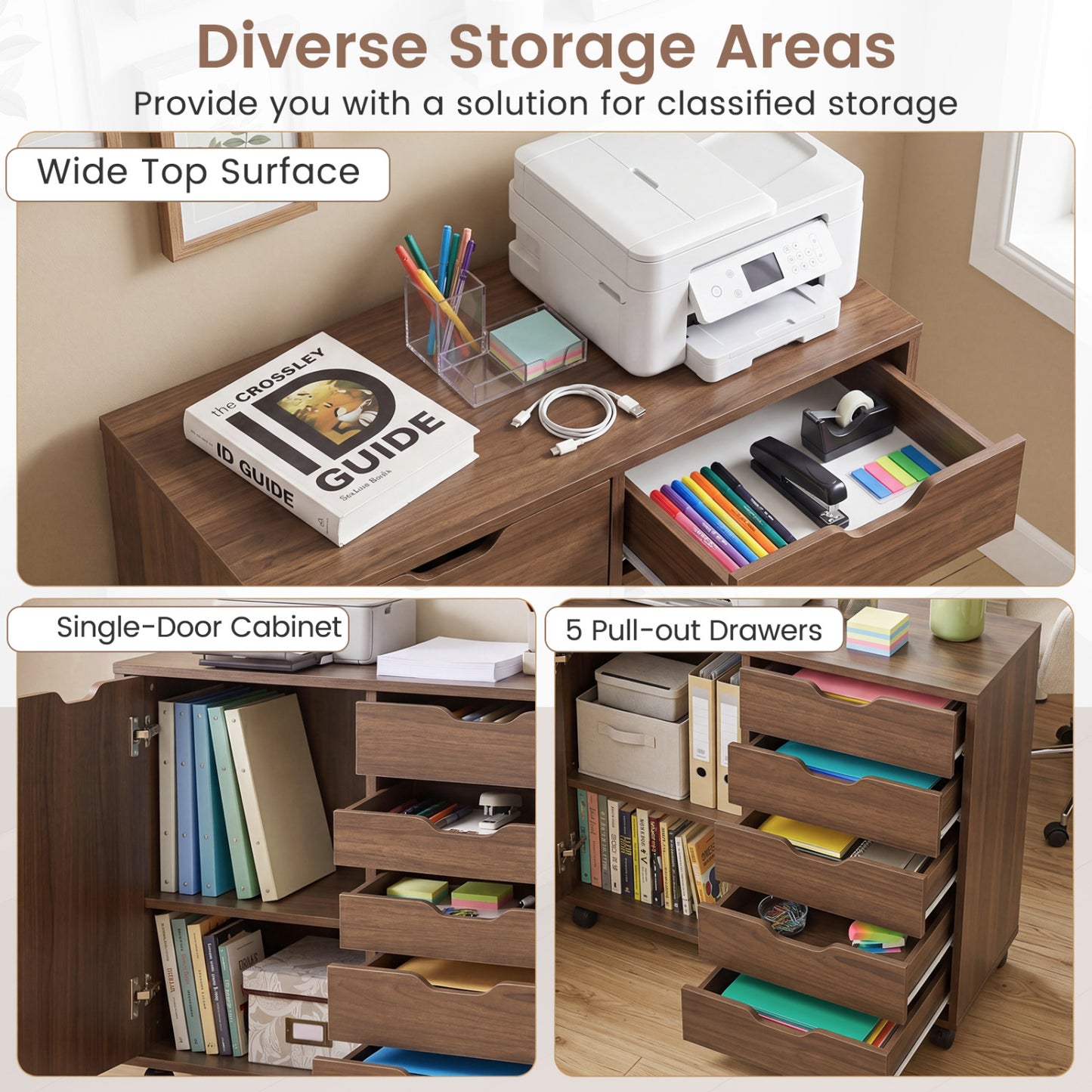 5 Drawer Storage Cabinet on Wheels with Adjustable Shelf, Brown File Cabinets at Gallery Canada