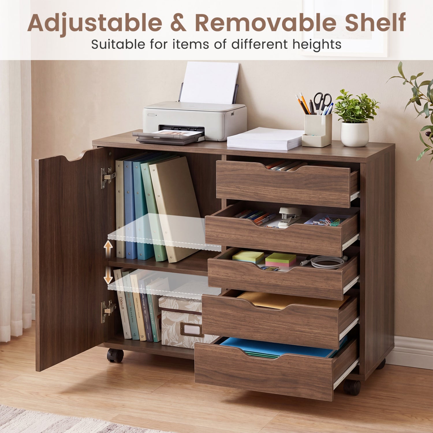 5 Drawer Storage Cabinet on Wheels with Adjustable Shelf, Brown File Cabinets at Gallery Canada
