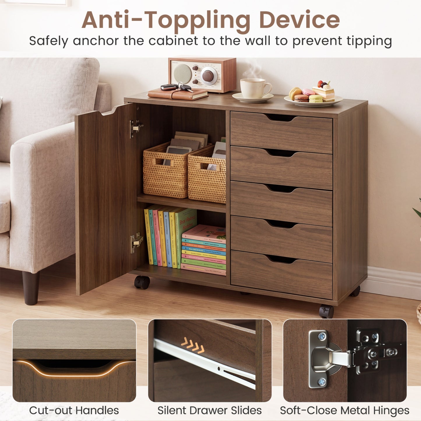 5 Drawer Storage Cabinet on Wheels with Adjustable Shelf, Brown File Cabinets at Gallery Canada