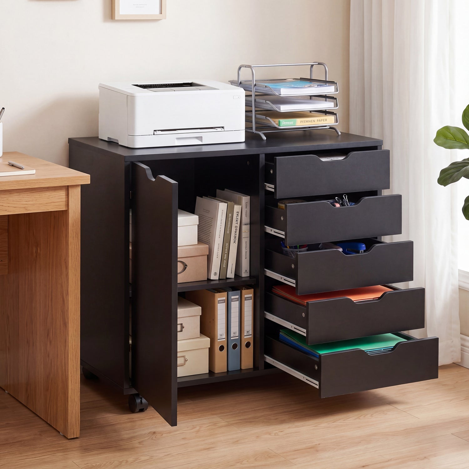 5 Drawer Storage Cabinet on Wheels with Adjustable Shelf, Black File Cabinets at Gallery Canada