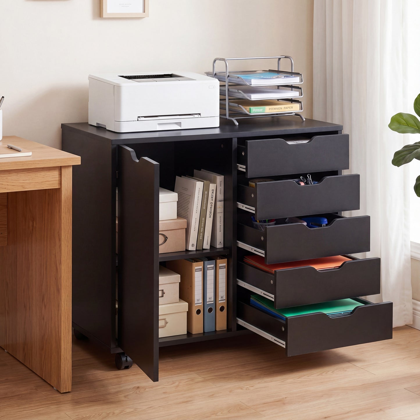 5 Drawer Storage Cabinet on Wheels with Adjustable Shelf, Black File Cabinets at Gallery Canada