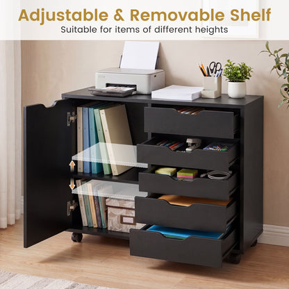 5 Drawer Storage Cabinet on Wheels with Adjustable Shelf, Black File Cabinets at Gallery Canada