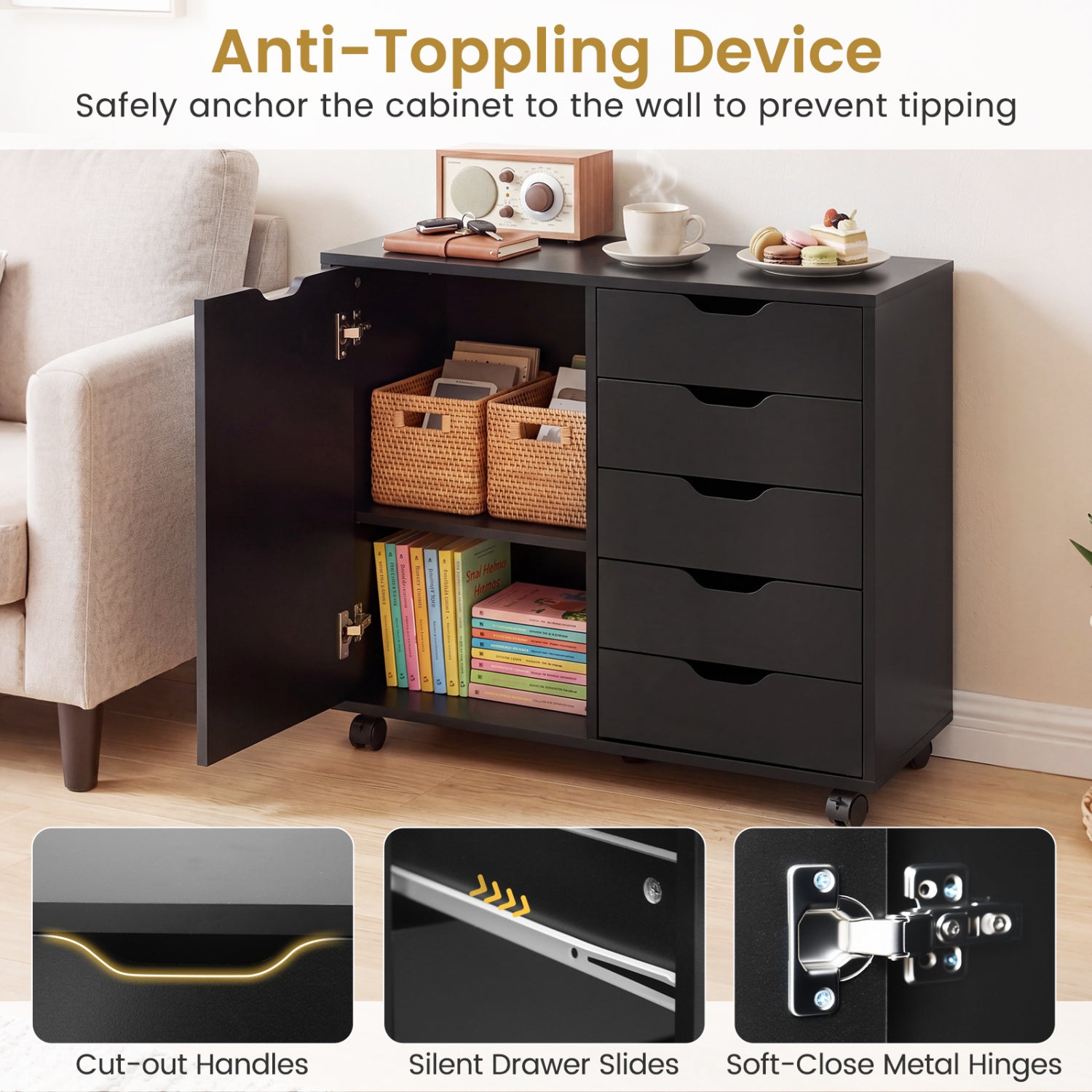 5 Drawer Storage Cabinet on Wheels with Adjustable Shelf, Black File Cabinets at Gallery Canada