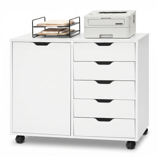 5 Drawer Storage Cabinet on Wheels with Adjustable Shelf, White
