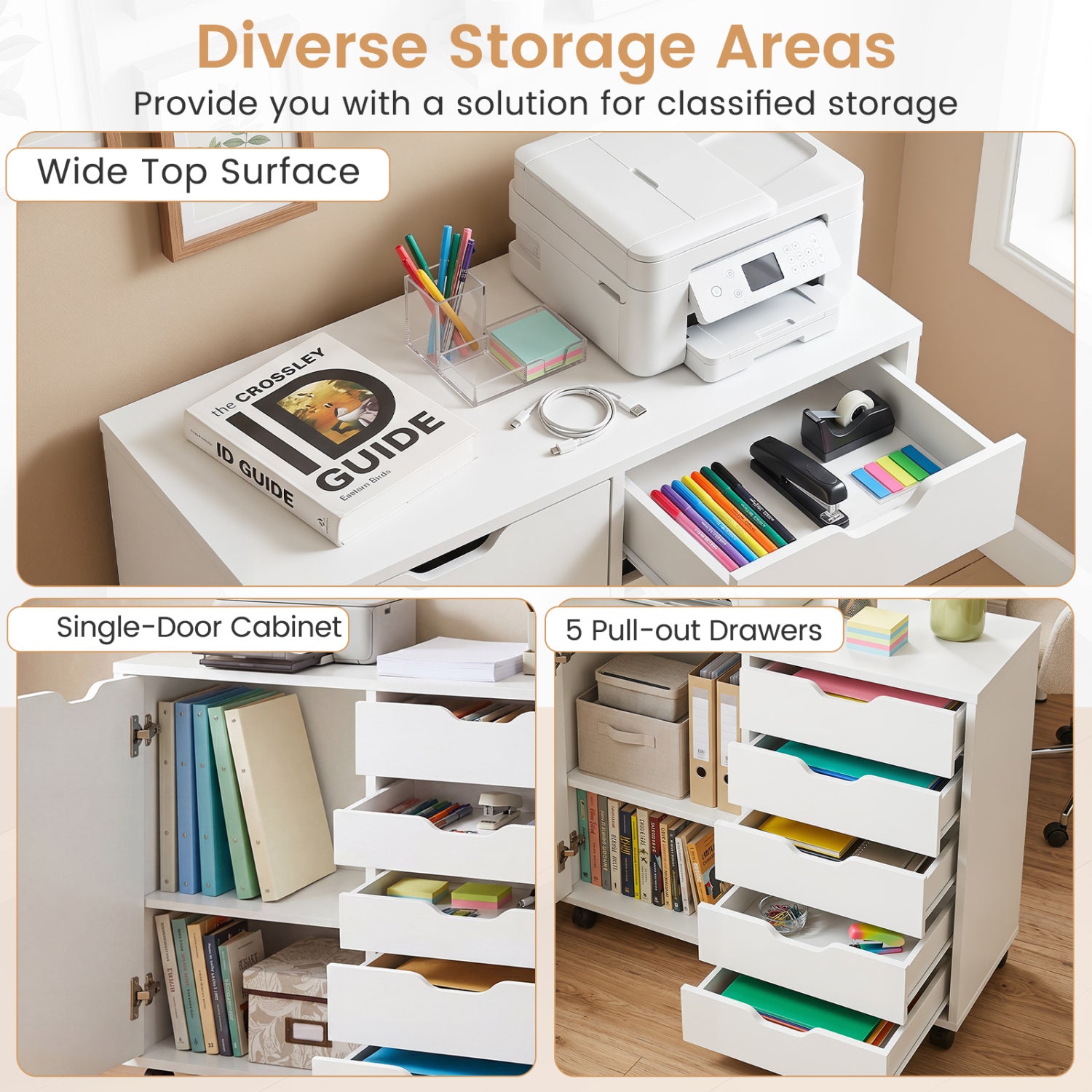 5 Drawer Storage Cabinet on Wheels with Adjustable Shelf, White File Cabinets at Gallery Canada