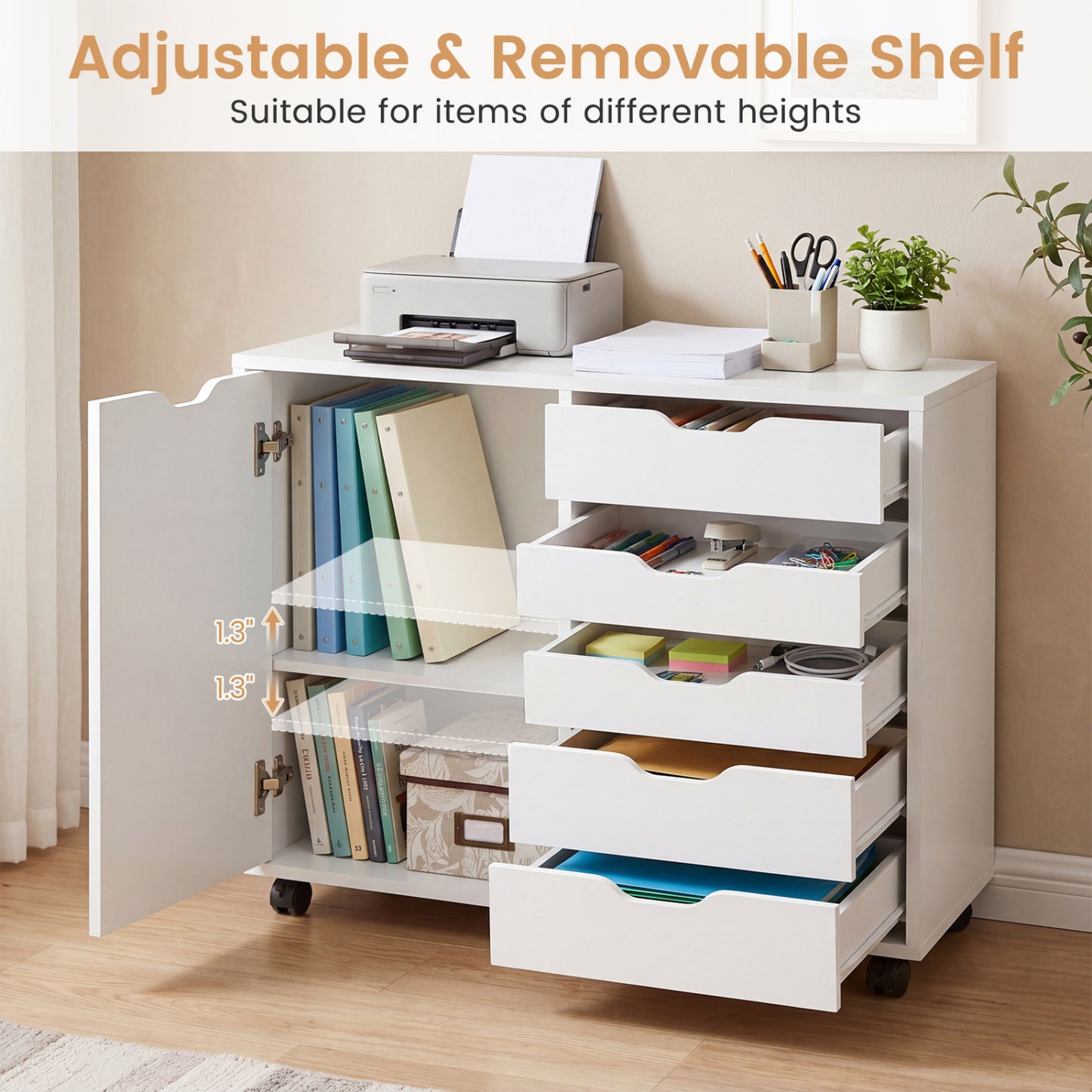 5 Drawer Storage Cabinet on Wheels with Adjustable Shelf, White File Cabinets at Gallery Canada