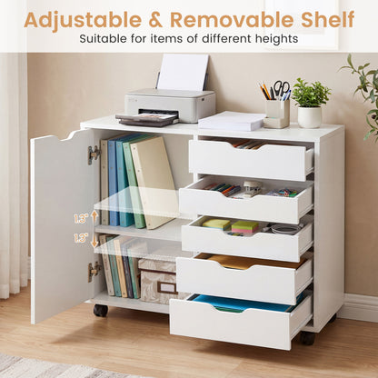 5 Drawer Storage Cabinet on Wheels with Adjustable Shelf, White File Cabinets at Gallery Canada