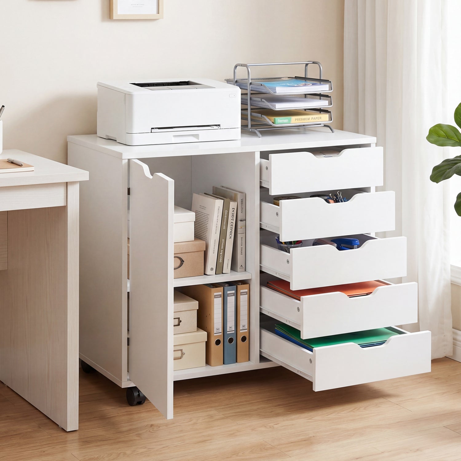 5 Drawer Storage Cabinet on Wheels with Adjustable Shelf, White File Cabinets at Gallery Canada