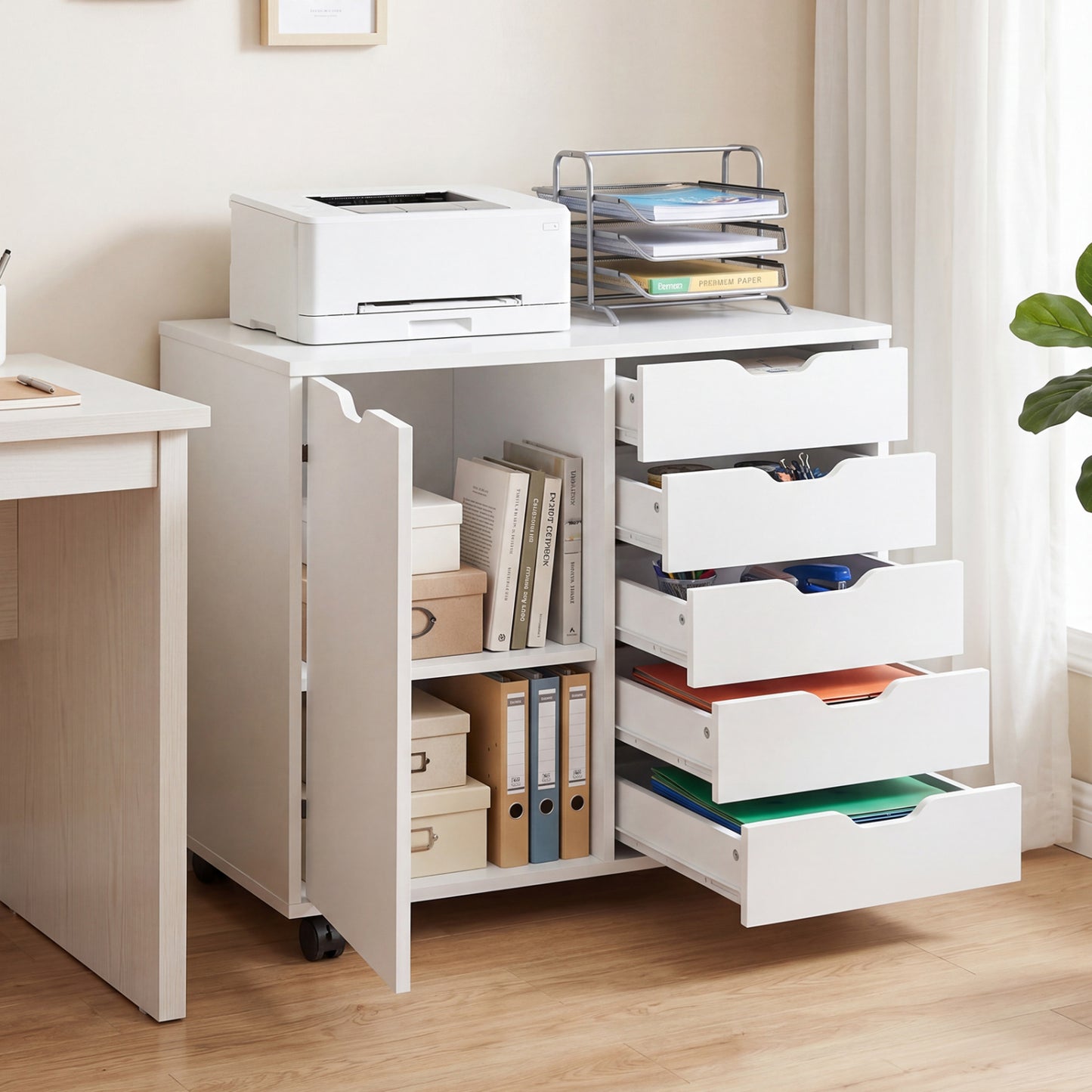 5 Drawer Storage Cabinet on Wheels with Adjustable Shelf, White File Cabinets at Gallery Canada