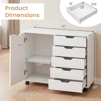 5 Drawer Storage Cabinet on Wheels with Adjustable Shelf, White File Cabinets at Gallery Canada