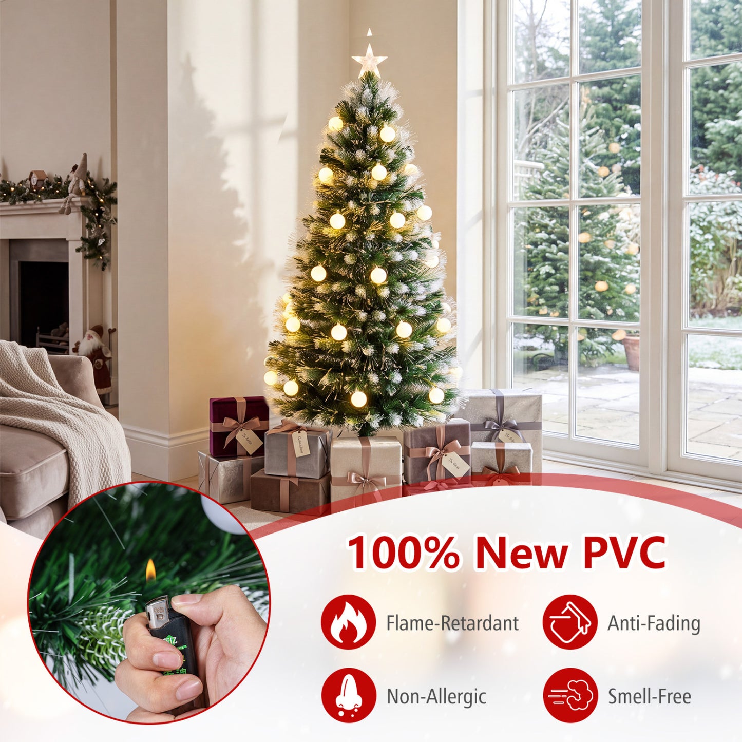 5 FT Pre-Lit Artificial Christmas Tree, Optical Fibers