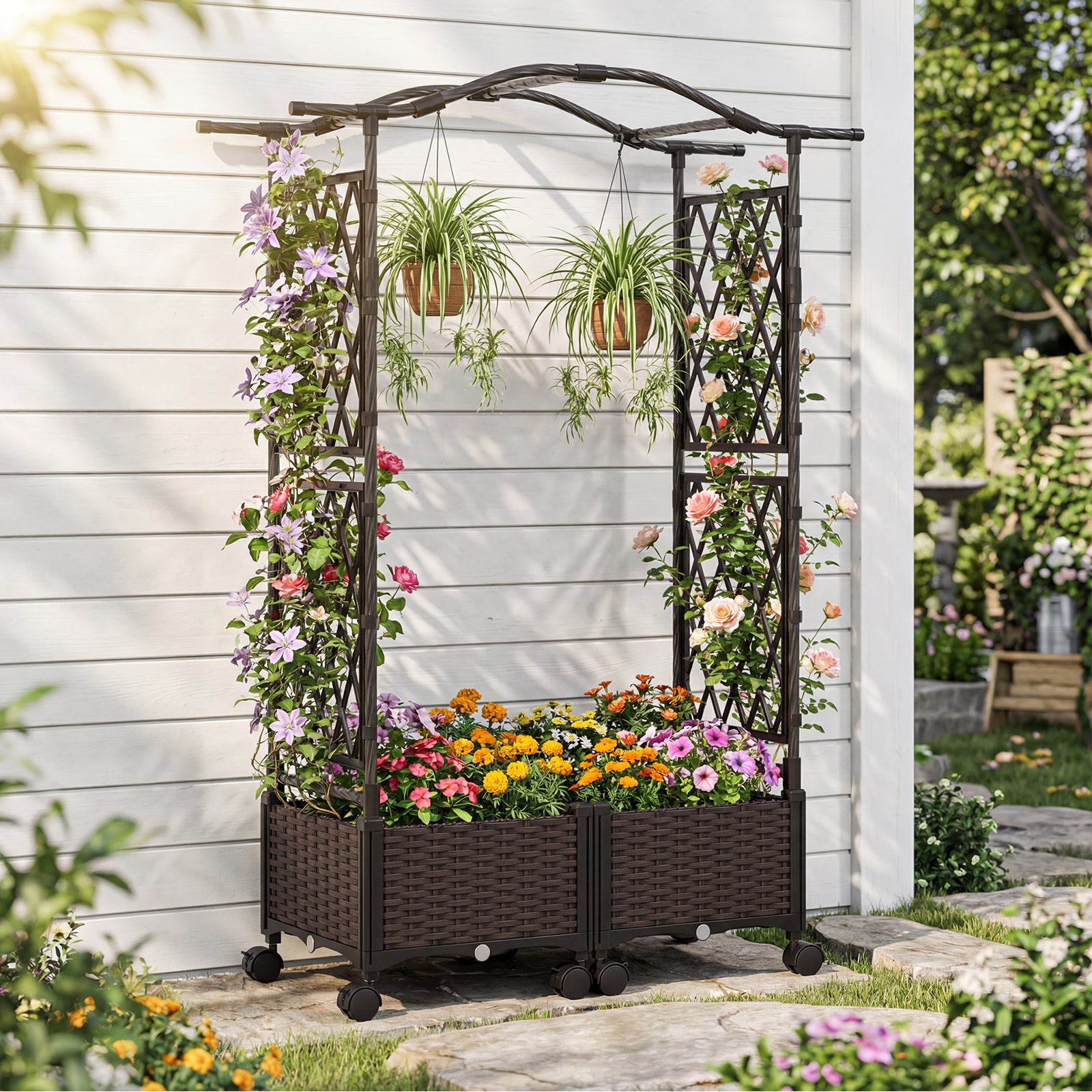 5 FT Self-Watering Planter Box With Lattice Trellis And Roof, Brown Plant Supports at Gallery Canada