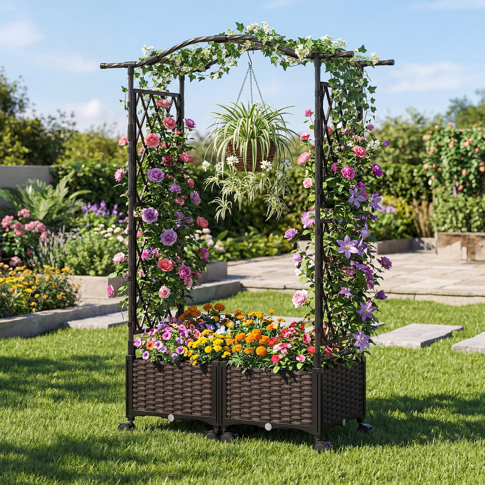 5 FT Self-Watering Planter Box With Lattice Trellis And Roof, Brown Plant Supports at Gallery Canada