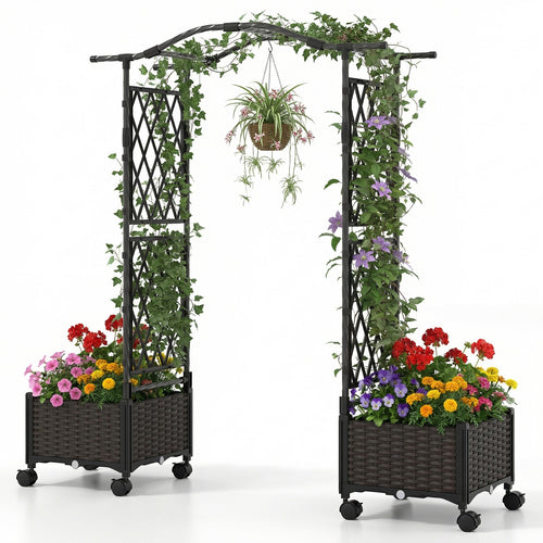 5 FT Self-Watering Planter Box With Lattice Trellis And Roof, Brown