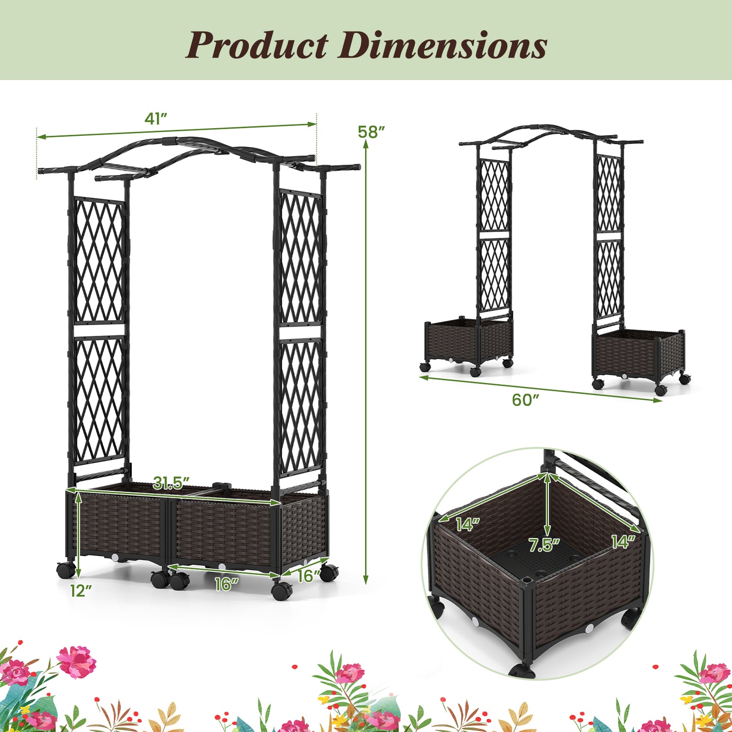 5 FT Self-Watering Planter Box With Lattice Trellis And Roof, Brown Plant Supports at Gallery Canada
