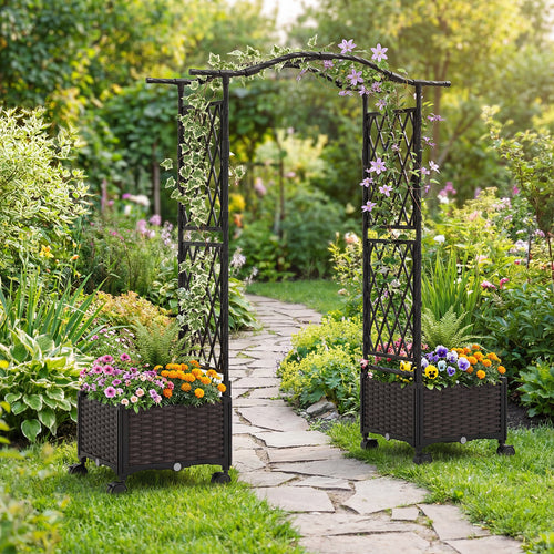 5 FT Tall Raised Garden Bed With Lockable Wheels, Hanging Roof, Brown