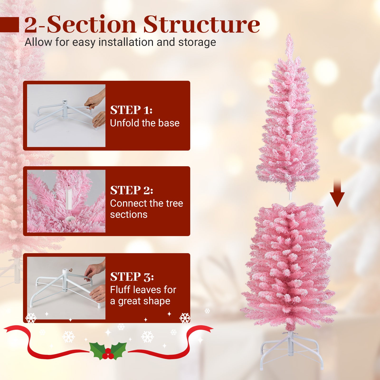 5 Feet Artificial Christmas Tree, 328 Branch Tips, Folding Metal Stand, Pink Christmas Tree at Gallery Canada