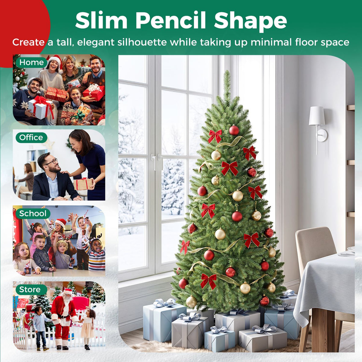 Sapin de Noël artificiel crayon pré-éclairé en PVC de 1,5 m, vert