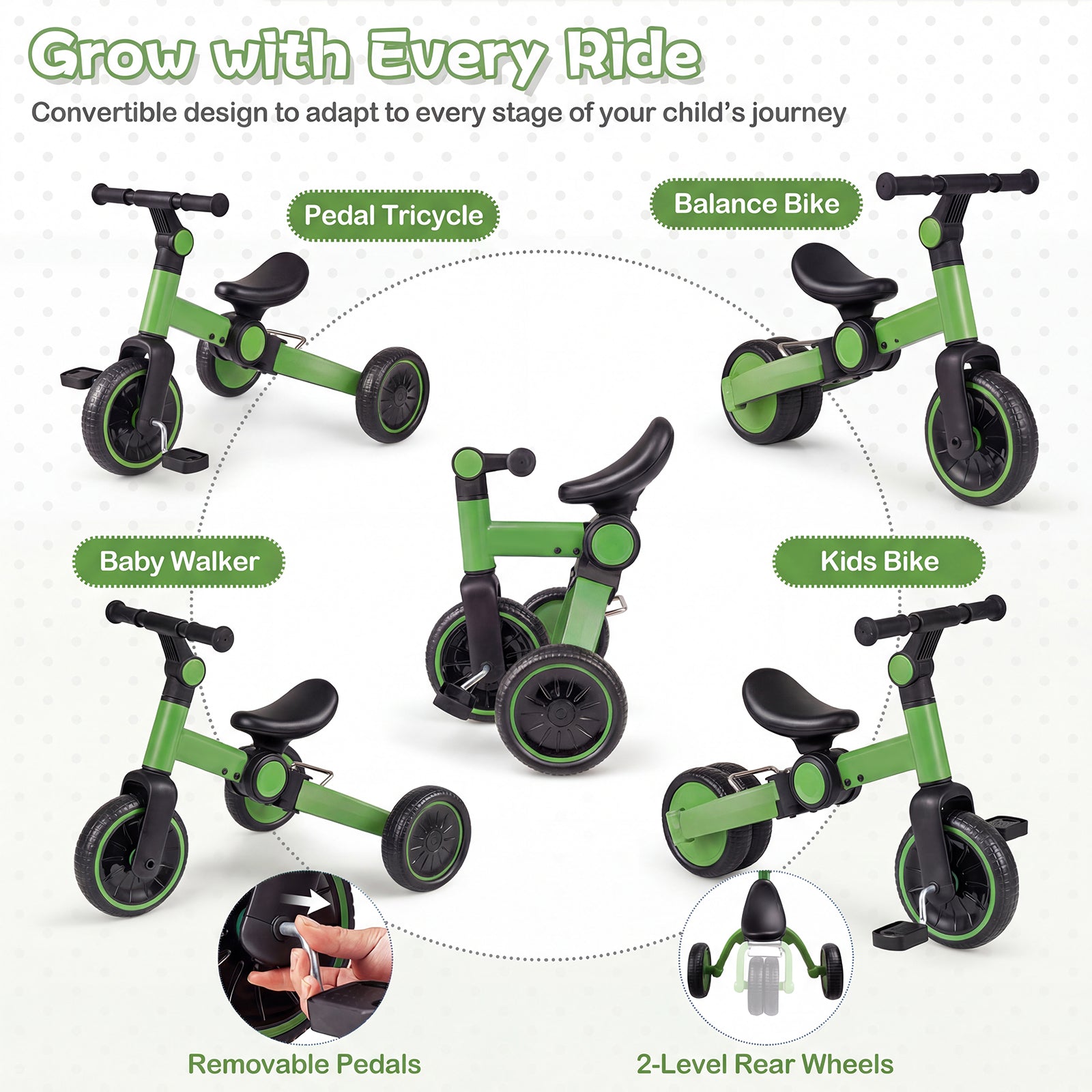 5-In-1 Toddler Bike, Kids Balance Bike With Removable Pedals, Green Balance Bikes at Gallery Canada