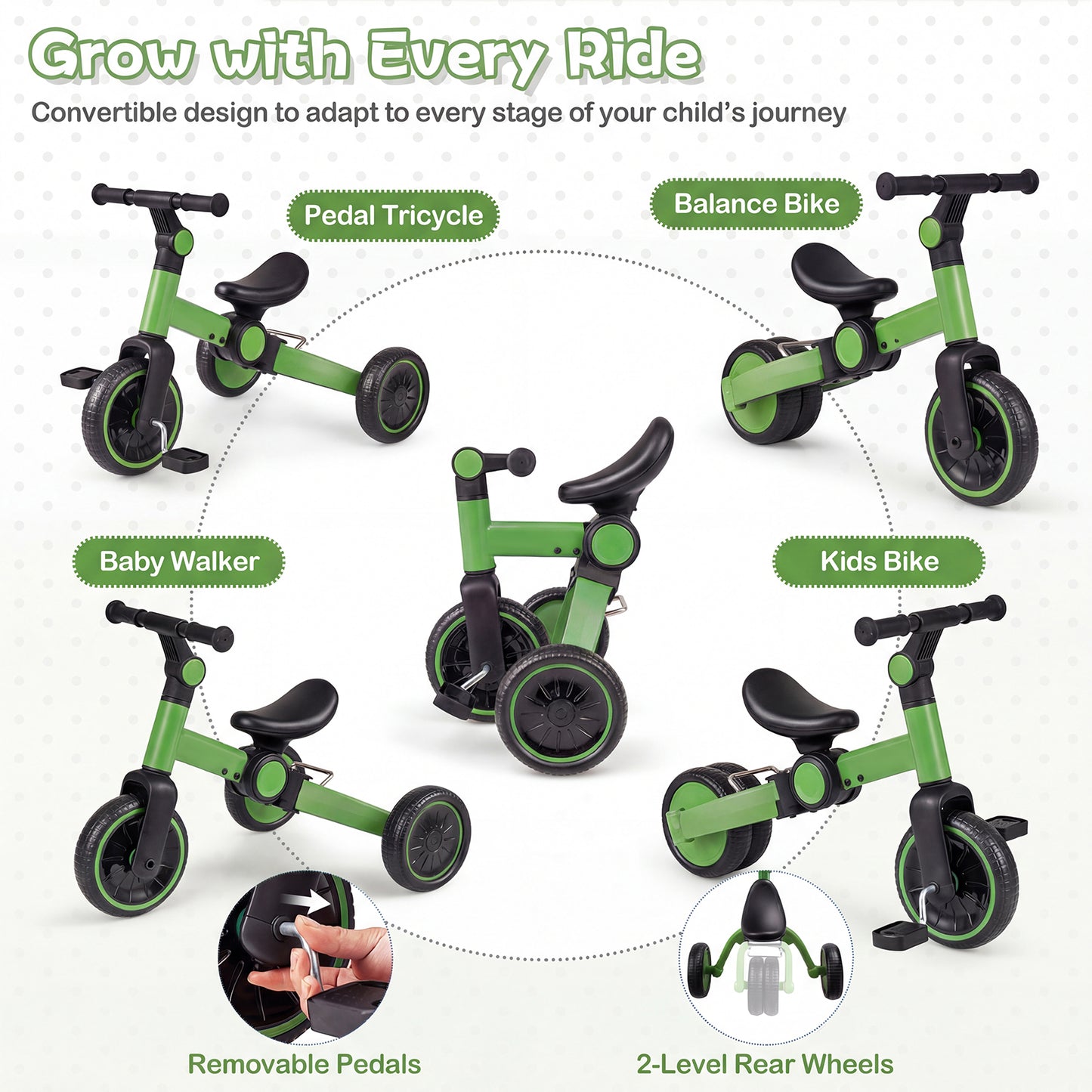 5-In-1 Toddler Bike, Kids Balance Bike With Removable Pedals, Green Balance Bikes at Gallery Canada