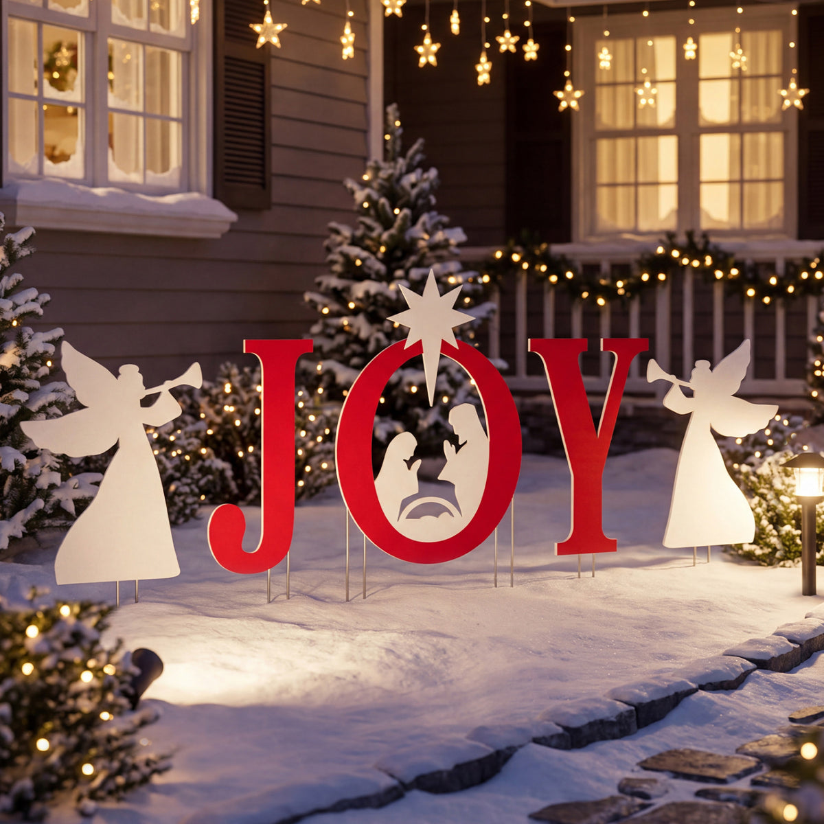 5 PCS Nativity Christmas Yard Sign Set, Angels, Red